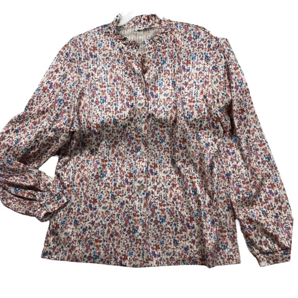 VINTAGE 1970's button down  ruffle collar pleated silky floral blouse, Large - Picture 1 of 4